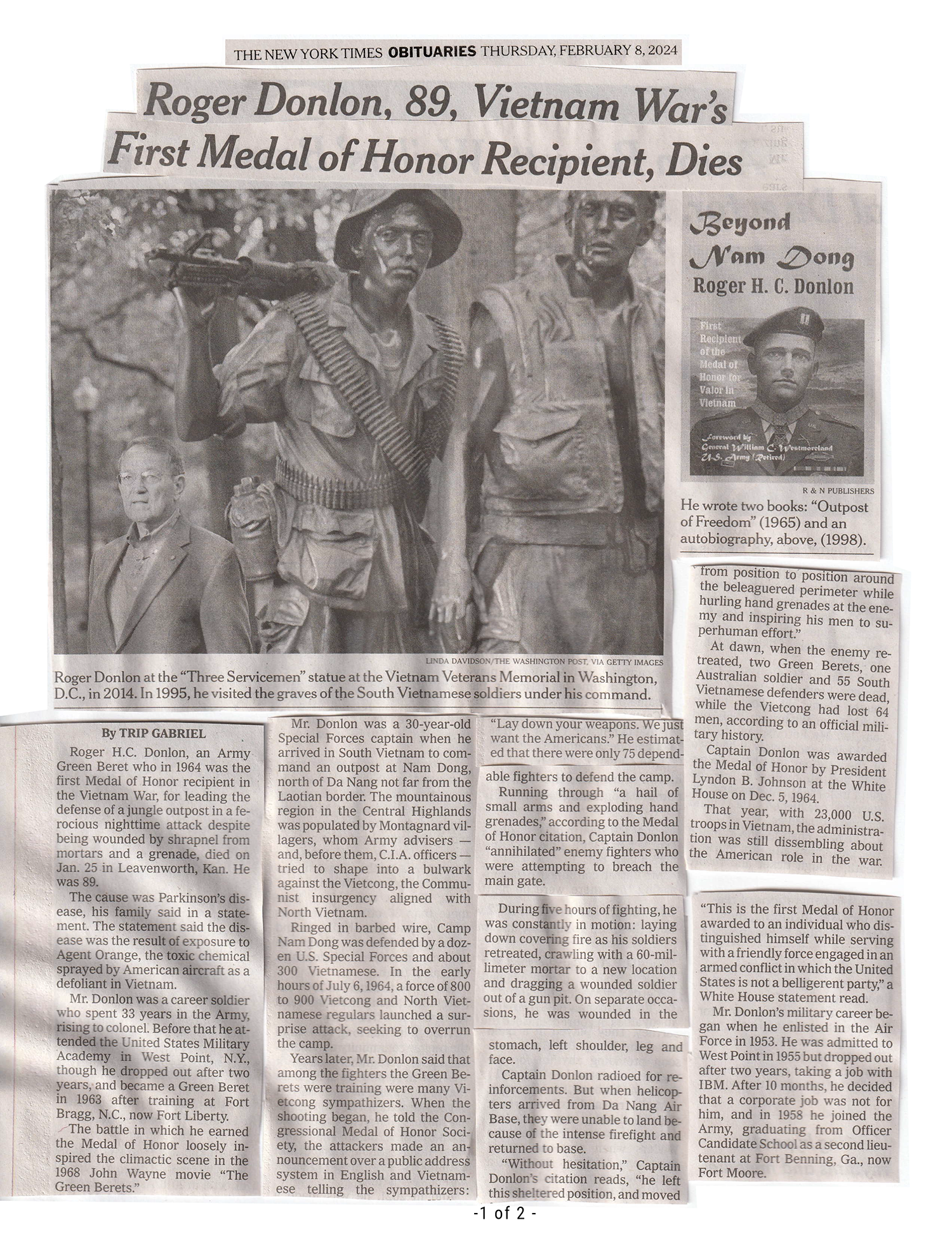 Page 1 of a 2 Page copy/paste of a NY Times obituary for Roger Donlon.